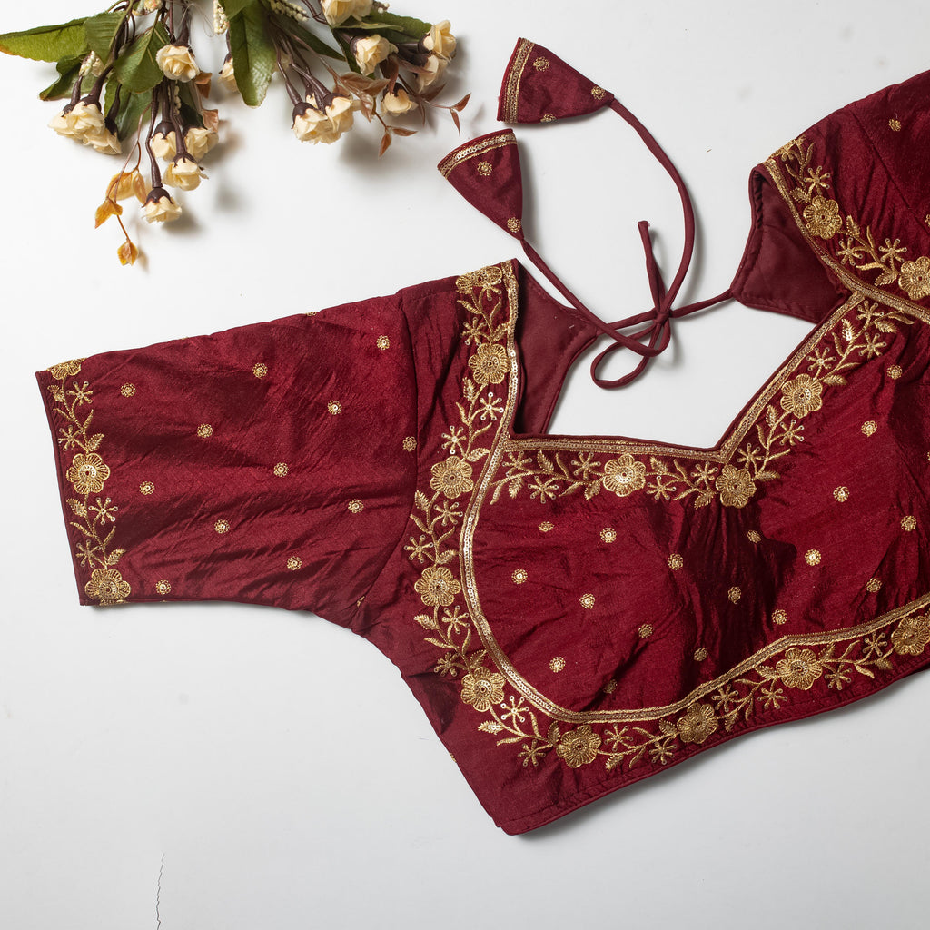 Maroon Olive Silk Blouse with Golden Embroidery and Sequins ClothsVilla