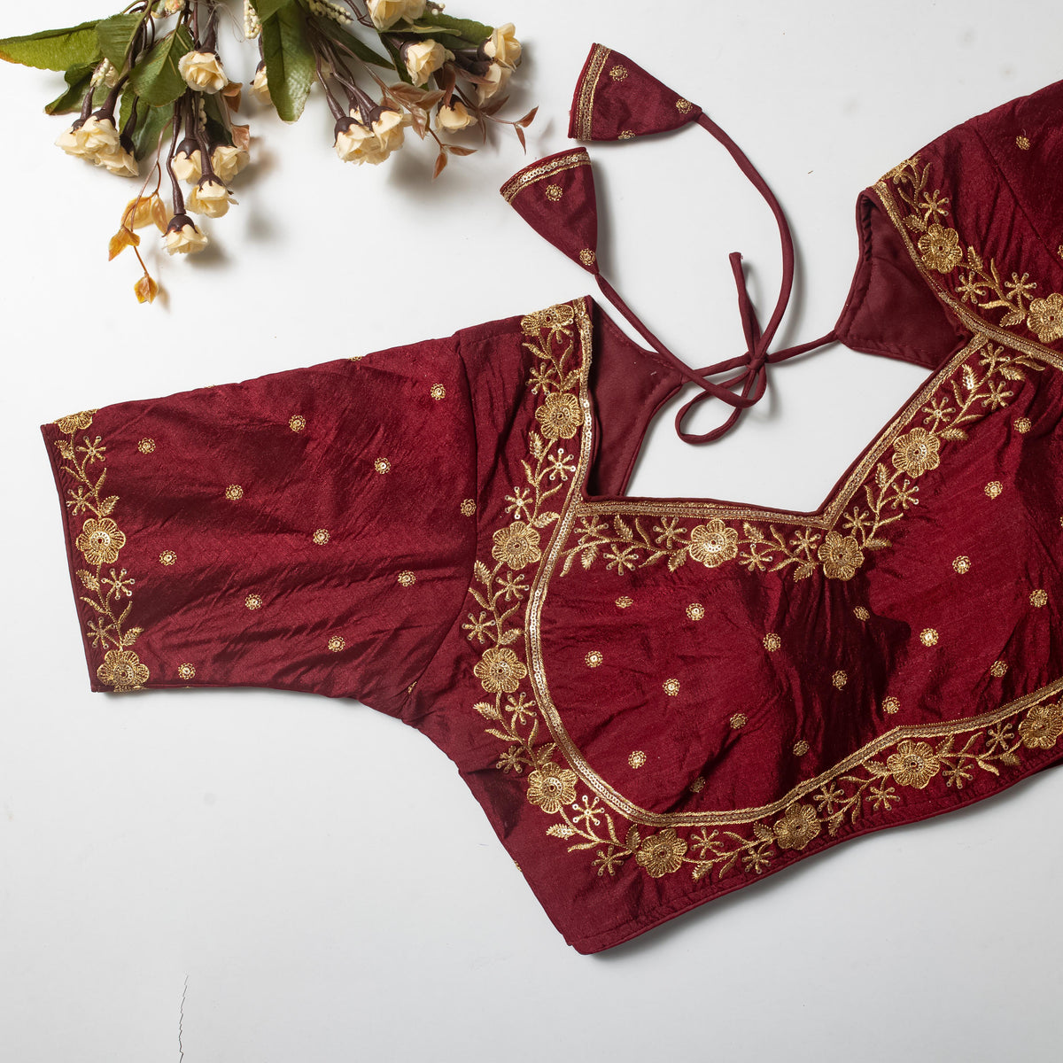Marron Raw silk floral  Embroidered Boat Neck Blouse with Golden Border