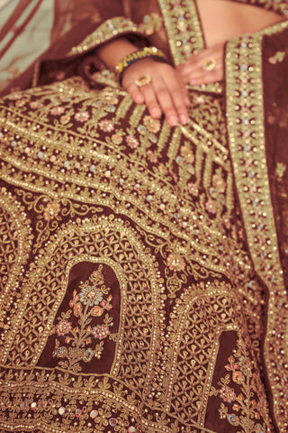 Maroon Organza Net Lehenga Choli Set - Embroidered Bridal Wear ClothsVilla