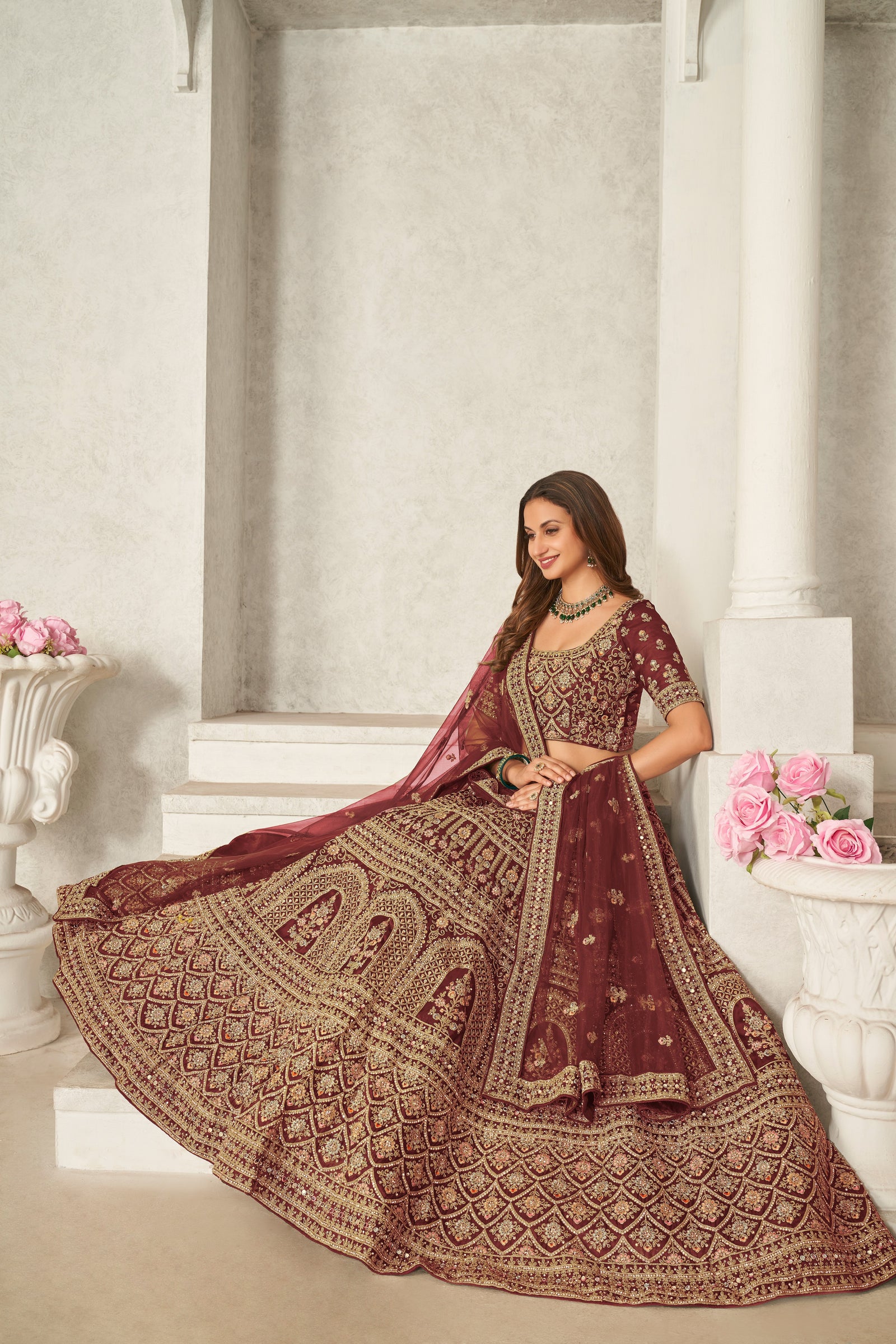 Maroon Organza Net Lehenga Choli Set - Embroidered Bridal Wear ClothsVilla