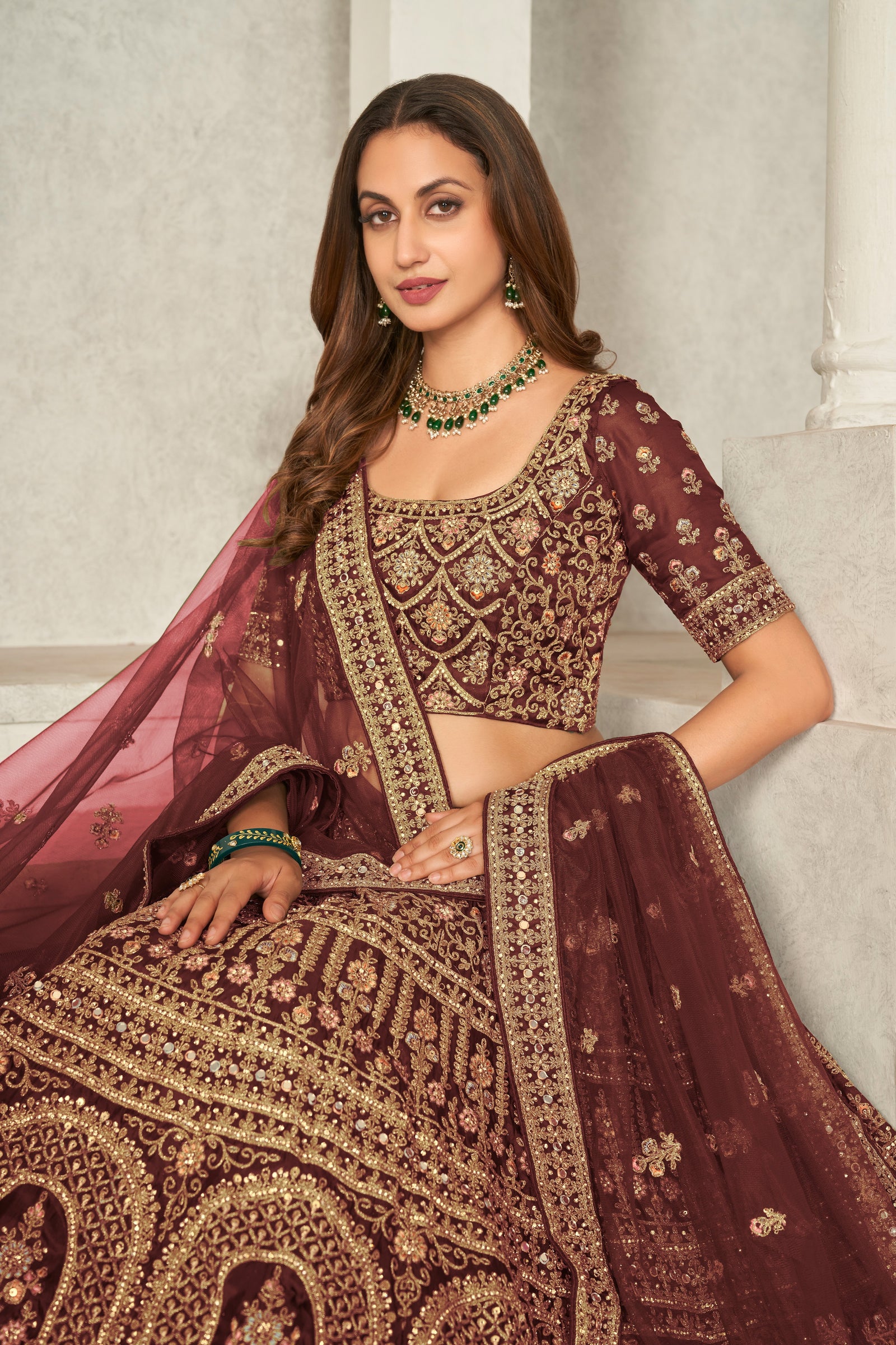 Maroon Organza Net Lehenga Choli Set - Embroidered Bridal Wear ClothsVilla
