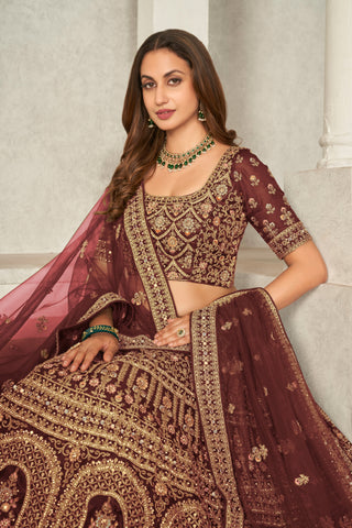 Maroon Organza Net Lehenga Choli Set - Embroidered Bridal Wear ClothsVilla