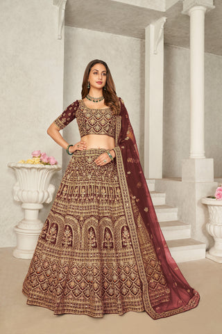 Maroon Organza Net Lehenga Choli Set - Embroidered Bridal Wear ClothsVilla
