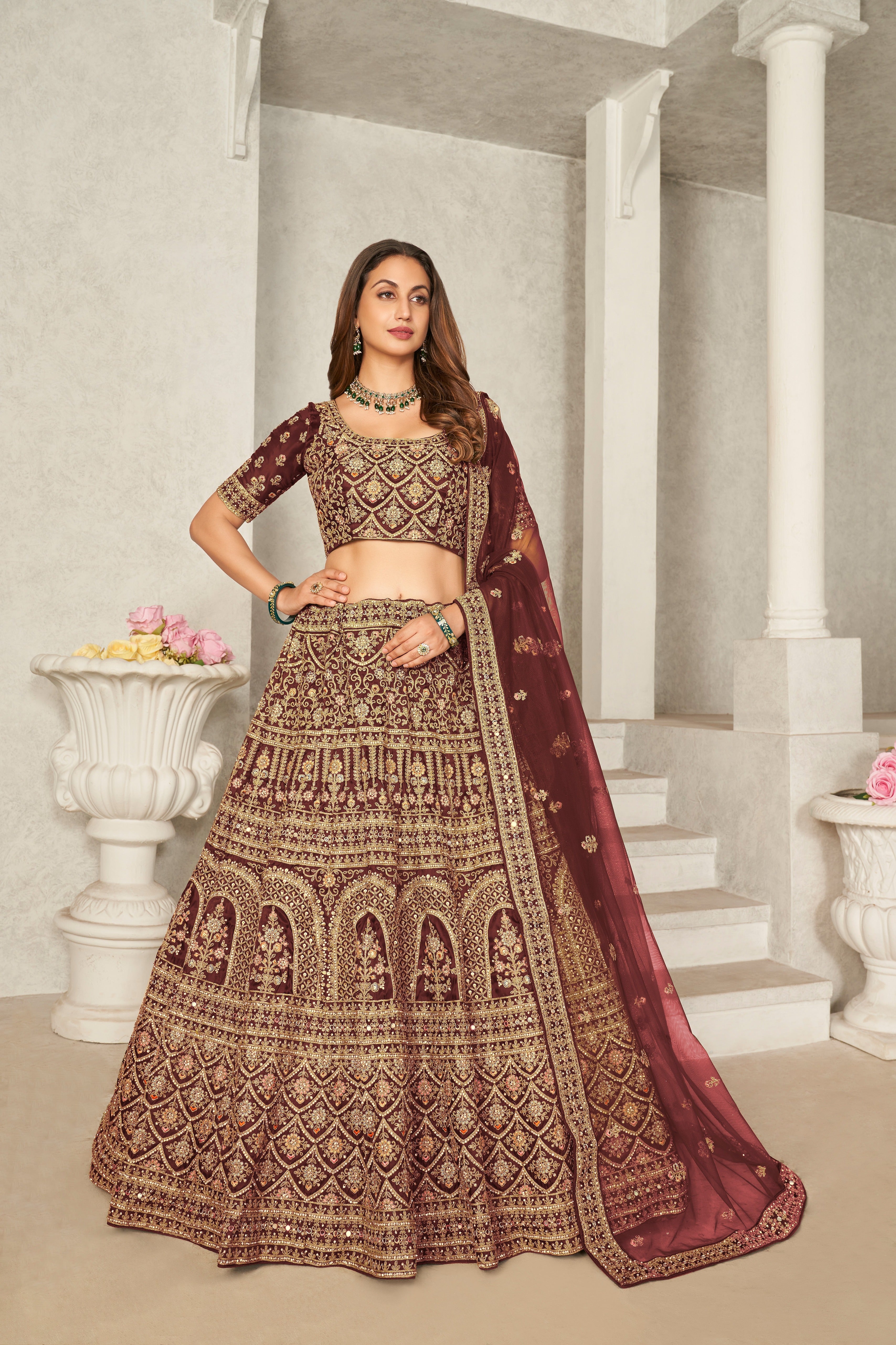 Maroon Organza Net Lehenga Choli Set - Embroidered Bridal Wear ClothsVilla