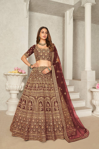 Maroon Organza Net Lehenga Choli Set - Embroidered Bridal Wear ClothsVilla