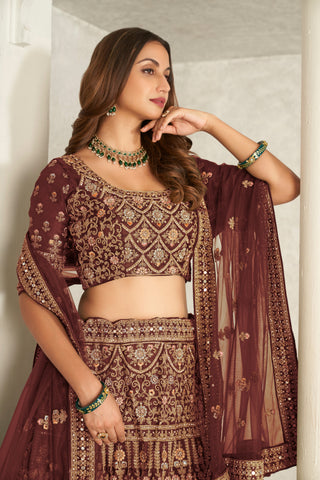 Maroon Organza Net Lehenga Choli Set - Embroidered Bridal Wear ClothsVilla