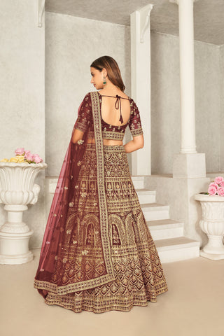 Maroon Organza Net Lehenga Choli Set - Embroidered Bridal Wear ClothsVilla