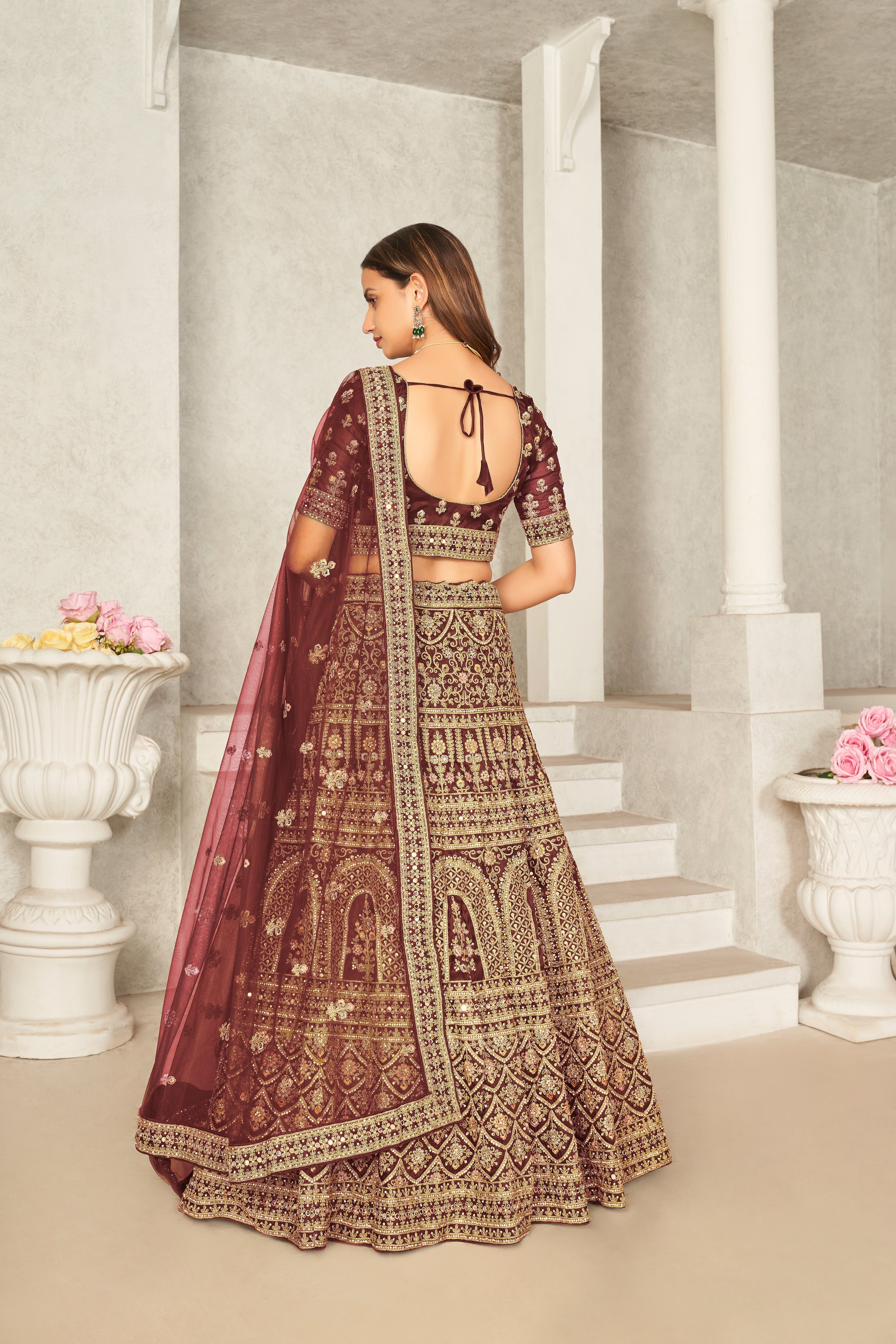 Maroon Organza Net Lehenga Choli Set - Embroidered Bridal Wear ClothsVilla