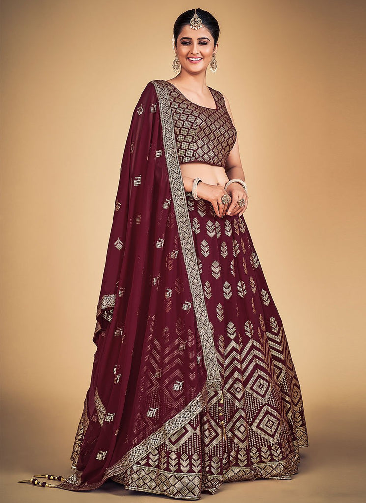 Maroon Pakistani Georgette Lehenga Choli For Indian Festivals & Weddings - Sequence Embroidery Work, Clothsvilla