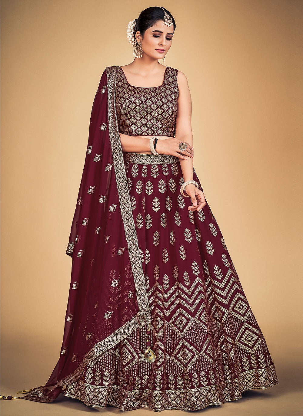 Maroon Pakistani Georgette Lehenga Choli For Indian Festivals & Weddings - Sequence Embroidery Work, Clothsvilla Main image