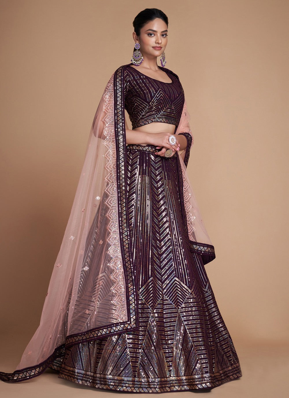 Maroon Pakistani Georgette Lehenga Choli For Indian Festivals & Weddings - Sequence Embroidery Work, Thread Embroidery Work, Clothsvilla