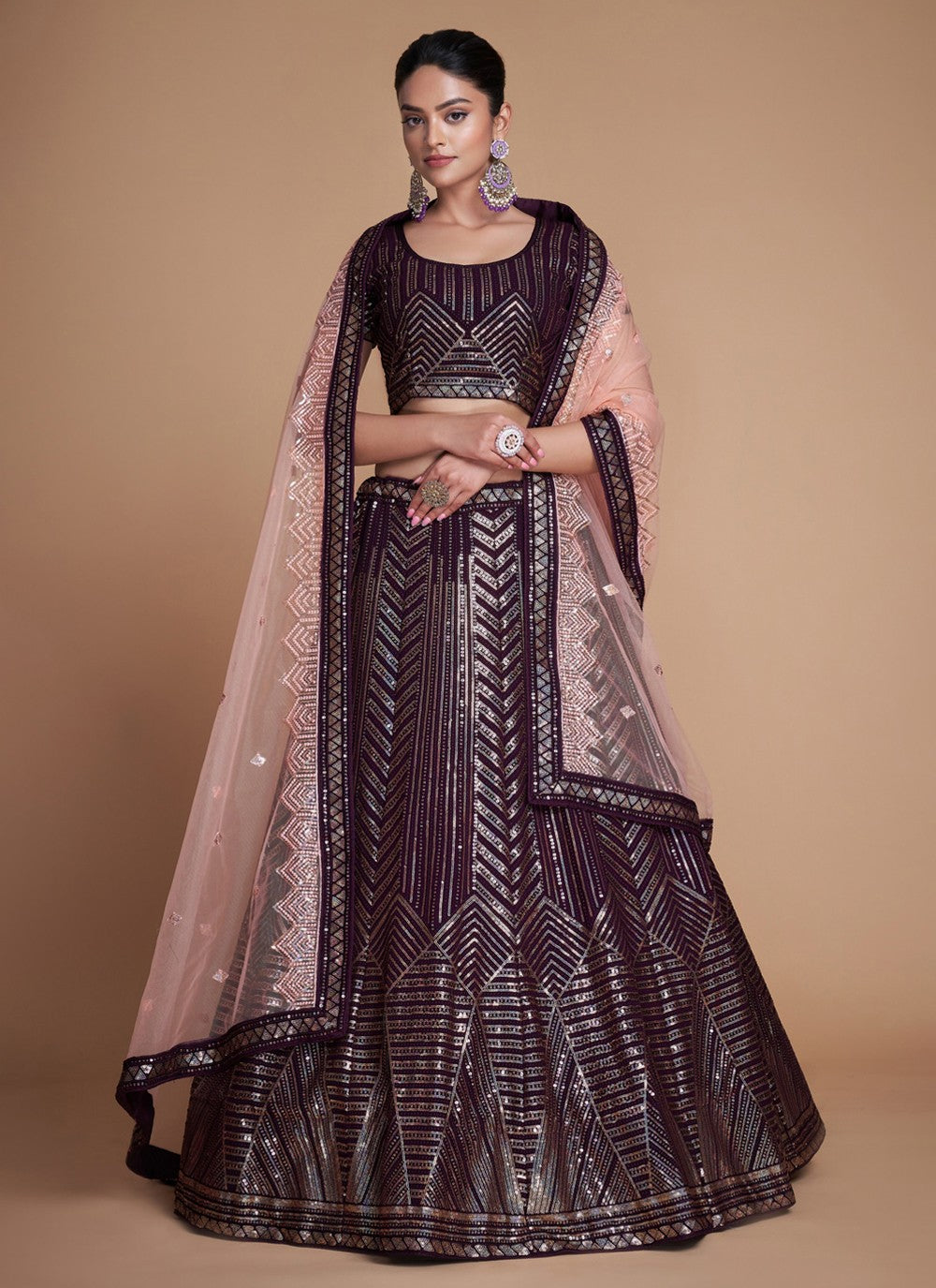 Maroon Pakistani Georgette Lehenga Choli For Indian Festivals & Weddings - Sequence Embroidery Work, Thread Embroidery Work, Clothsvilla Main image
