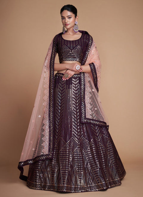 Maroon Pakistani Georgette Lehenga Choli For Indian Festivals & Weddings - Sequence Embroidery Work, Thread Embroidery Work, Clothsvilla Main image