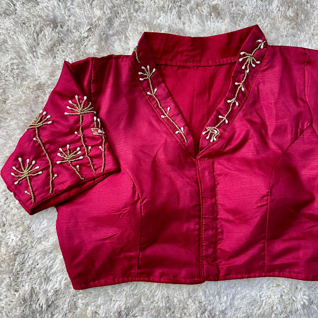 Maroon Pista Silk Blouse with Handwork and Designer Handcrafted Collar ClothsVilla