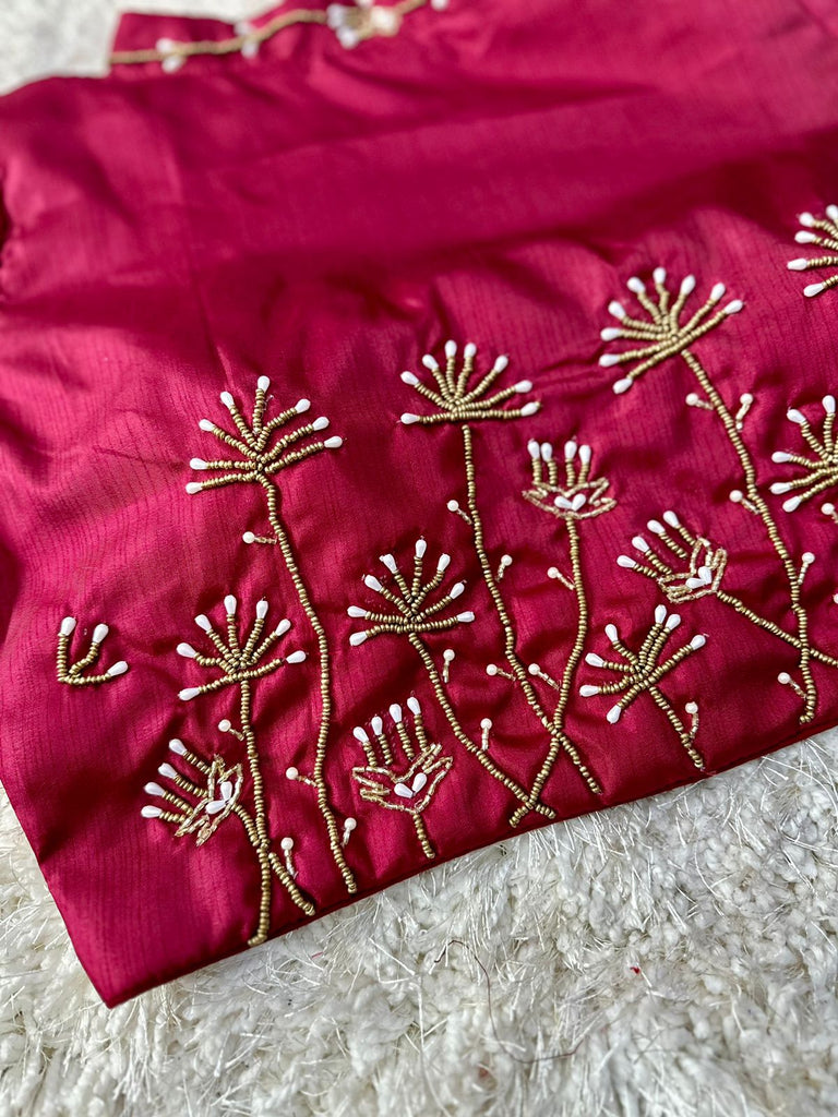 Maroon Pista Silk Blouse with Handwork and Designer Handcrafted Collar ClothsVilla