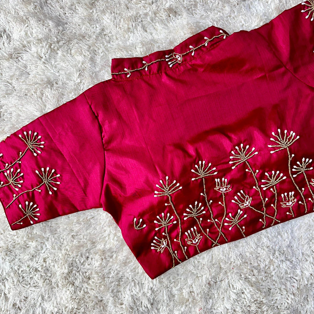 Maroon Pista Silk Blouse with Handwork and Designer Handcrafted Collar ClothsVilla