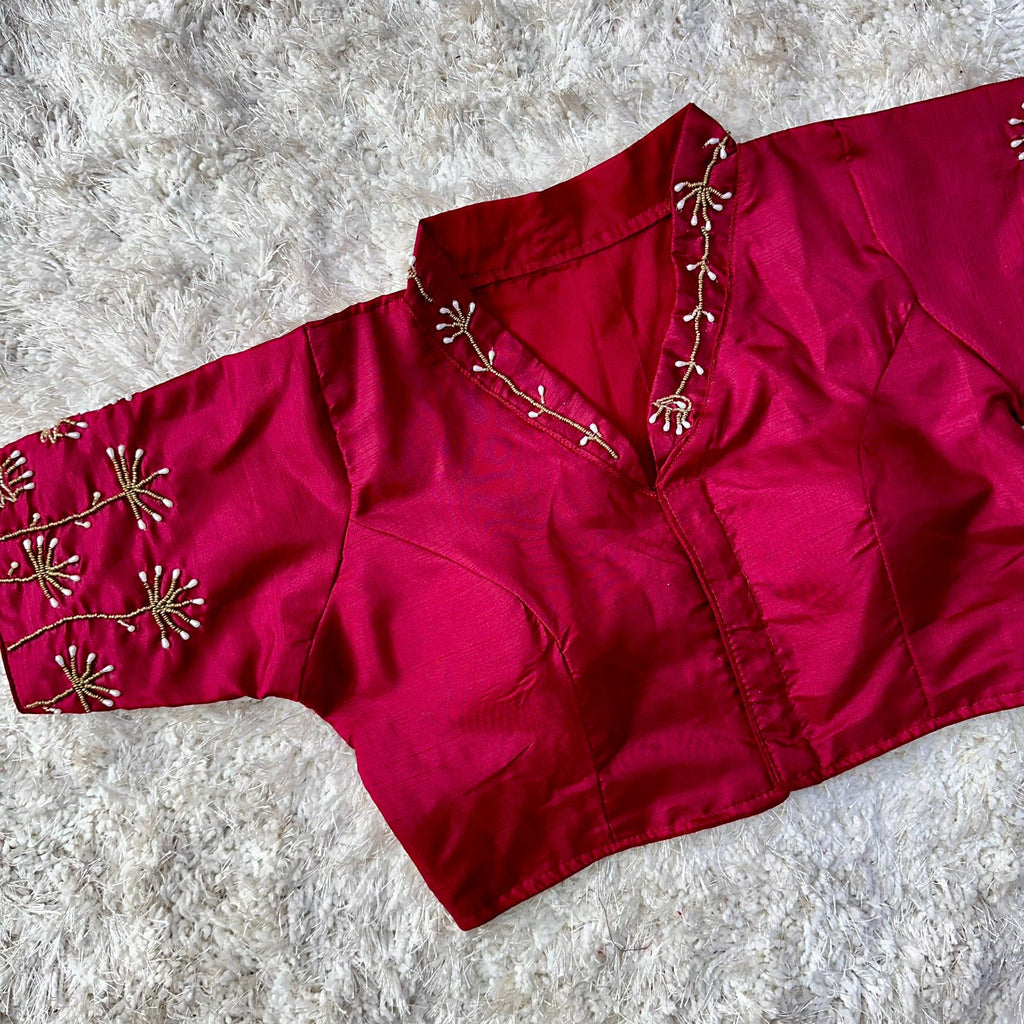 Maroon Pista Silk Blouse with Handwork and Designer Handcrafted Collar ClothsVilla