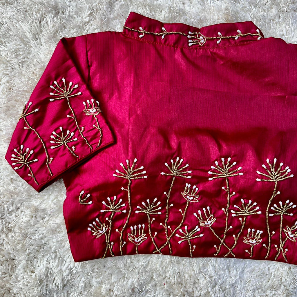 Maroon Pista Silk Blouse with Handwork and Designer Handcrafted Collar ClothsVilla