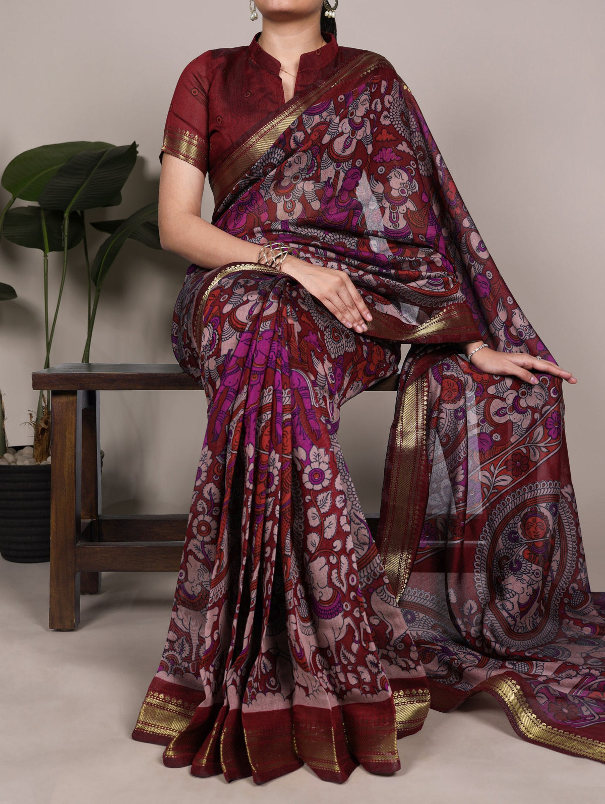 Maroon Polyester Kalamkari Print Saree ClothsVilla