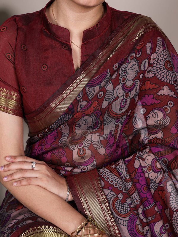 Maroon Polyester Kalamkari Print Saree ClothsVilla