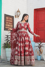 Load image into Gallery viewer, Maroon Premium Designer Chinon Silk Printed Gown with Sequence Work Clothsvilla