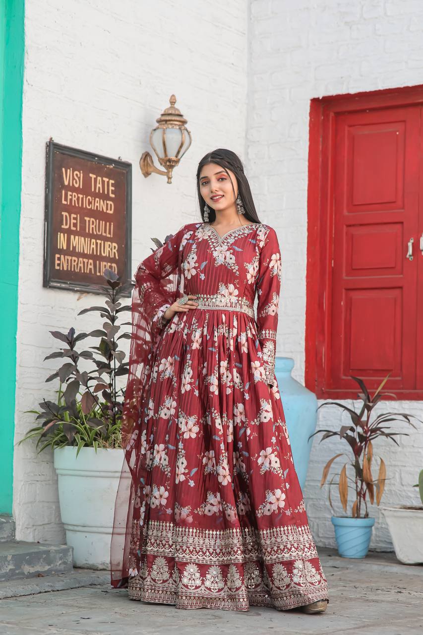 Maroon Premium Designer Chinon Silk Printed Gown with Sequence Work Clothsvilla