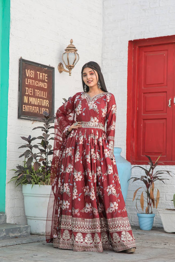 Maroon Premium Designer Chinon Silk Printed Gown with Sequence Work Clothsvilla