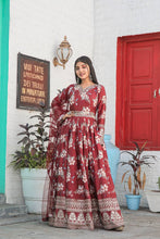 Load image into Gallery viewer, Maroon Premium Designer Chinon Silk Printed Gown with Sequence Work Clothsvilla