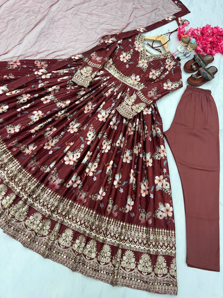 Maroon Premium Designer Chinon Silk Printed Gown with Sequence Work Clothsvilla