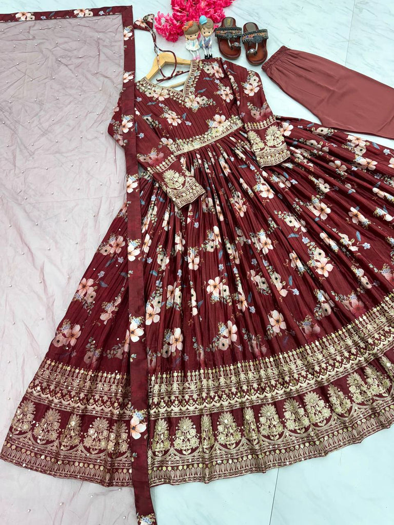 Maroon Premium Designer Chinon Silk Printed Gown with Sequence Work Clothsvilla