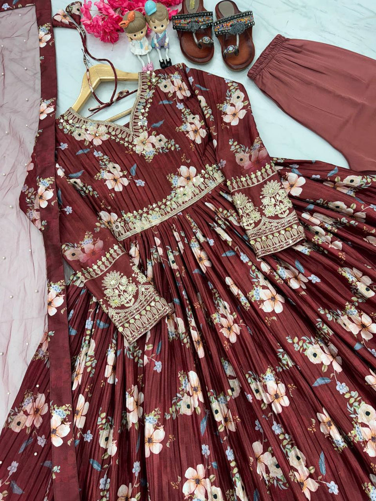 Maroon Premium Designer Chinon Silk Printed Gown with Sequence Work Clothsvilla