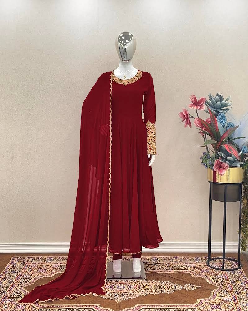 Maroon Premium Designer Party Wear Anarkali Gown, Dupatta & Bottom Set Secondary image