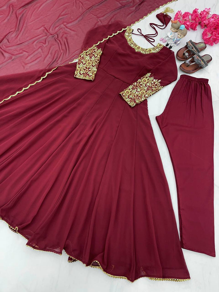 Maroon Premium Designer Party Wear Anarkali Gown, Dupatta & Bottom Set Clothsvilla