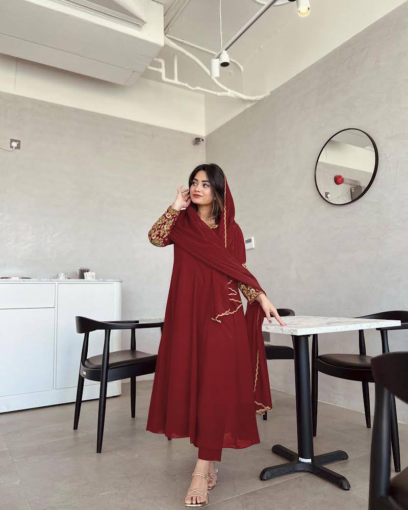 Maroon Premium Designer Party Wear Anarkali Gown, Dupatta & Bottom Set Clothsvilla Main image