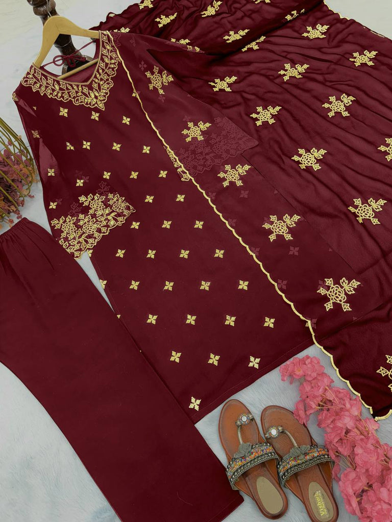 Maroon Premium Designer Party Wear Faux Georgette Top, Bottom & Dupatta Set Clothsvilla