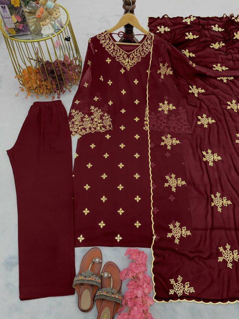 Maroon Premium Designer Party Wear Faux Georgette Top, Bottom & Dupatta Set Clothsvilla