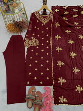 Load image into Gallery viewer, Maroon Premium Designer Party Wear Faux Georgette Top, Bottom &amp; Dupatta Set Clothsvilla