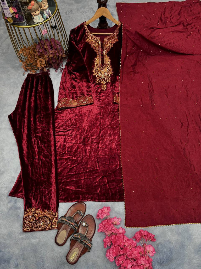 Maroon Premium Designer Party Wear Velvet Top, Bottom & Dupatta Set Clothsvilla