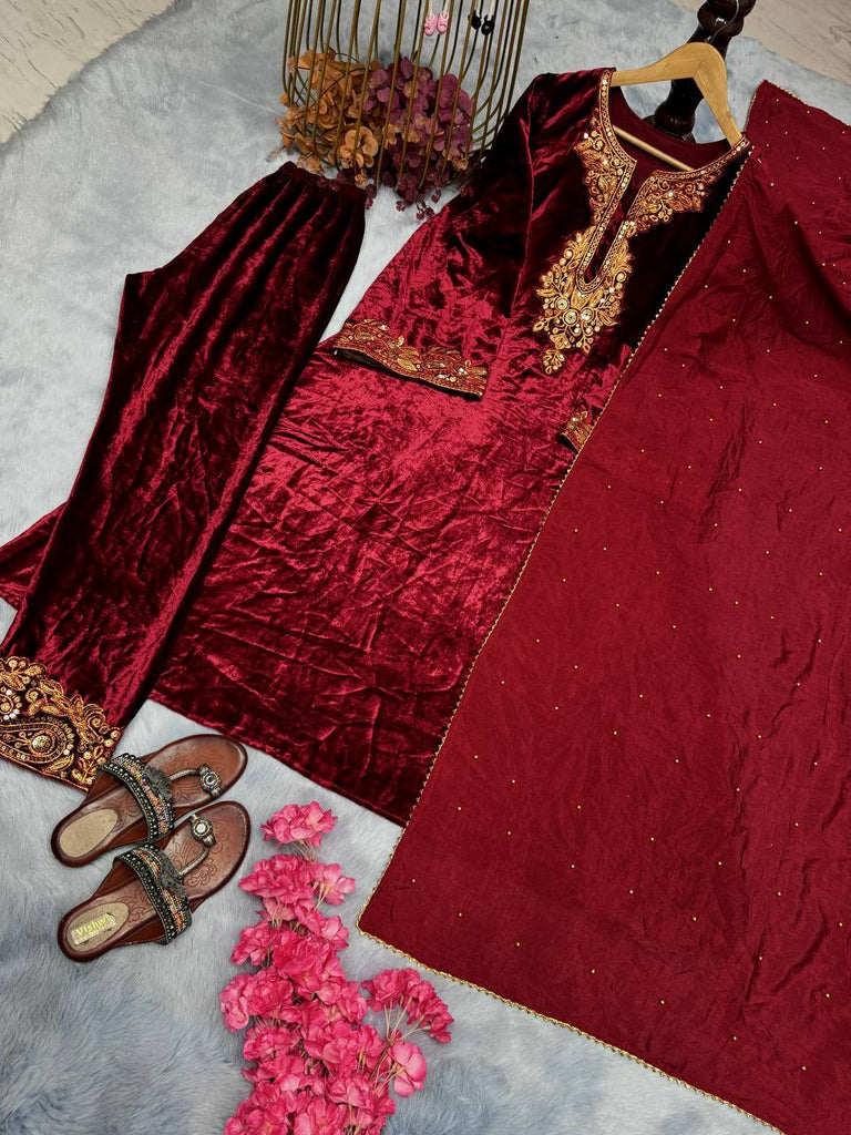 Maroon Premium Designer Party Wear Velvet Top, Bottom & Dupatta Set Clothsvilla