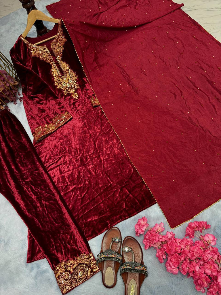 Maroon Premium Designer Party Wear Velvet Top, Bottom & Dupatta Set Clothsvilla