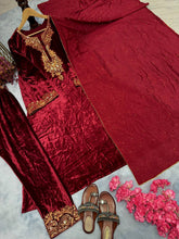 Load image into Gallery viewer, Maroon Premium Designer Party Wear Velvet Top, Bottom &amp; Dupatta Set Clothsvilla