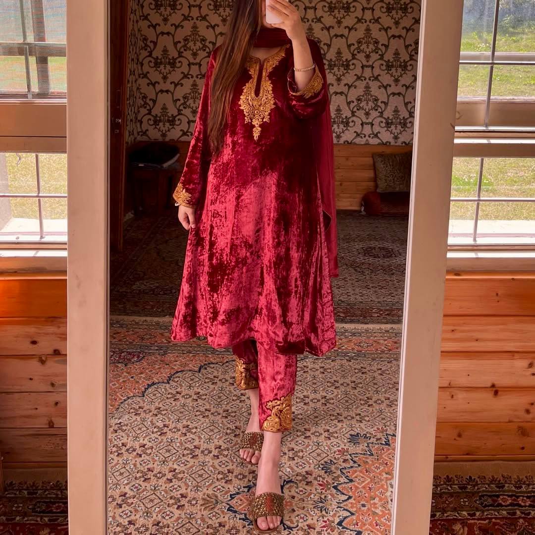 Maroon Premium Designer Party Wear Velvet Top, Bottom & Dupatta Set Clothsvilla Main image
