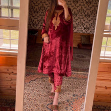 Load image into Gallery viewer, Maroon Premium Designer Party Wear Velvet Top, Bottom &amp; Dupatta Set Clothsvilla