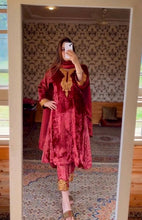 Load image into Gallery viewer, Maroon Premium Designer Party Wear Velvet Top, Bottom &amp; Dupatta Set Clothsvilla