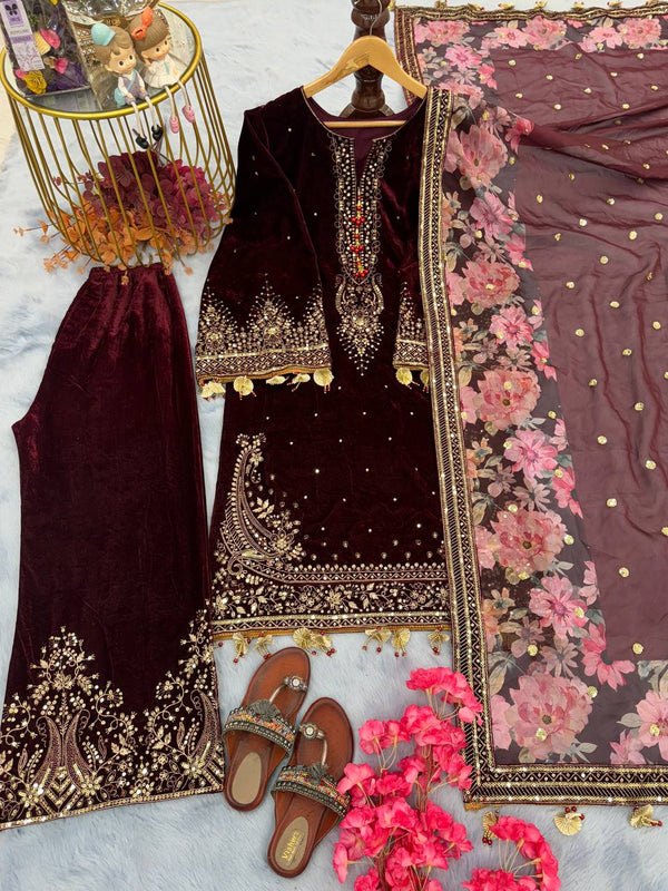 Maroon Premium Designer Party Wear Viscose Velvet Top, Plazzo & Dupatta Set – Elegant Festive Look Clothsvilla
