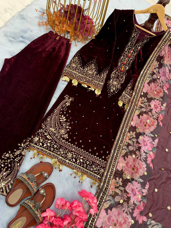 Maroon Premium Designer Party Wear Viscose Velvet Top, Plazzo & Dupatta Set – Elegant Festive Look Clothsvilla
