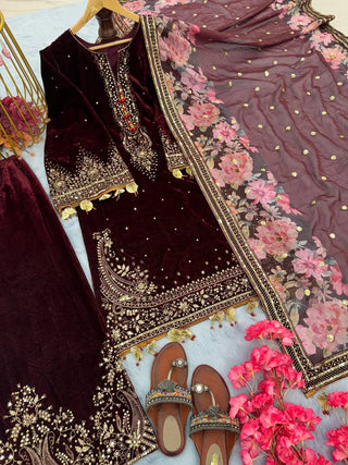 Maroon Premium Designer Party Wear Viscose Velvet Top, Plazzo & Dupatta Set – Elegant Festive Look Clothsvilla