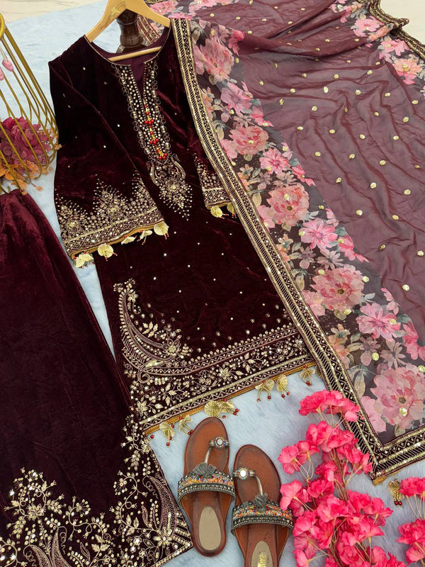 Maroon Premium Designer Party Wear Viscose Velvet Top, Plazzo & Dupatta Set – Elegant Festive Look Clothsvilla