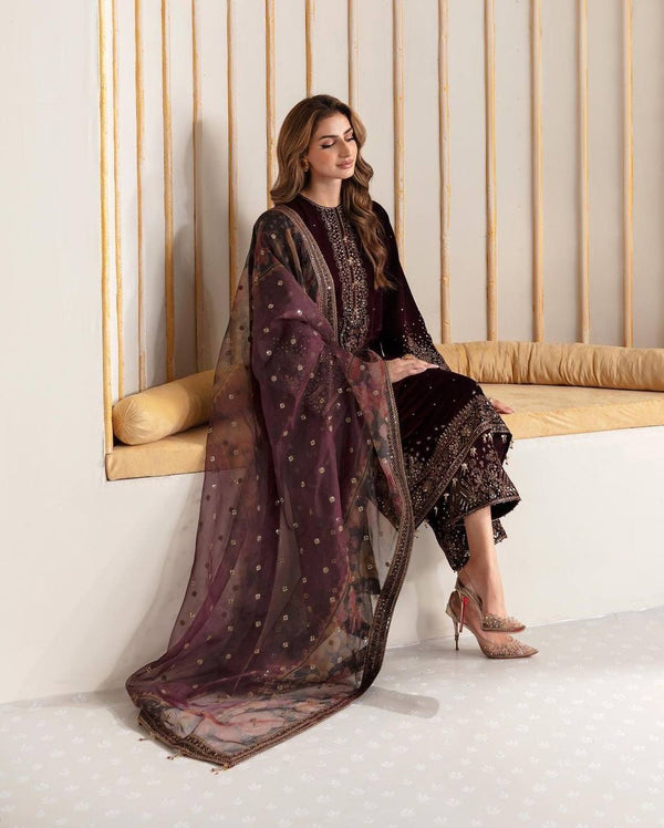 Maroon Premium Designer Party Wear Viscose Velvet Top, Plazzo & Dupatta Set – Elegant Festive Look Clothsvilla