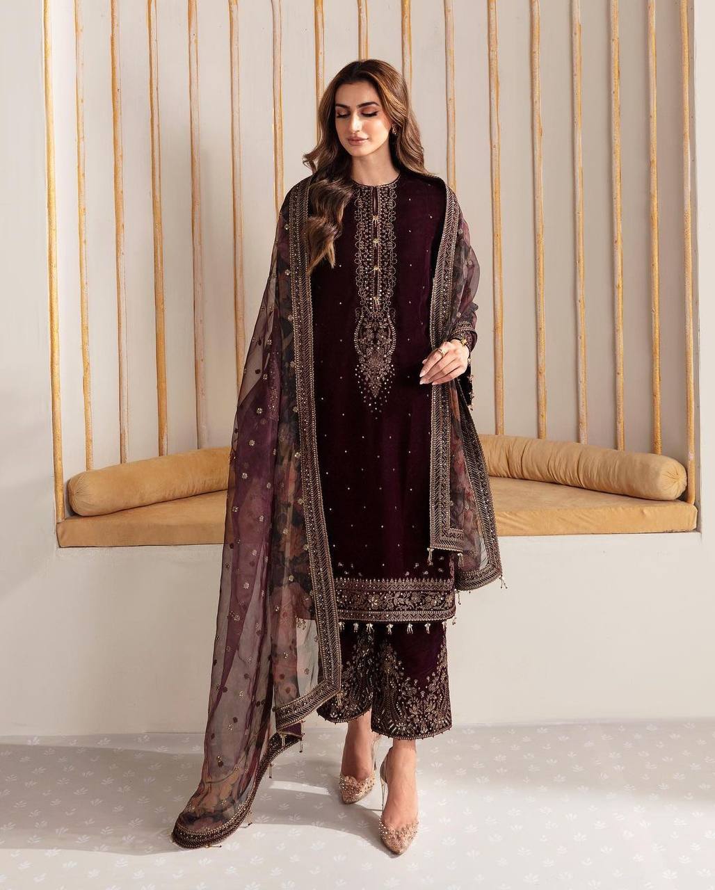 Maroon Premium Designer Party Wear Viscose Velvet Top, Plazzo & Dupatta Set – Elegant Festive Look Secondary image
